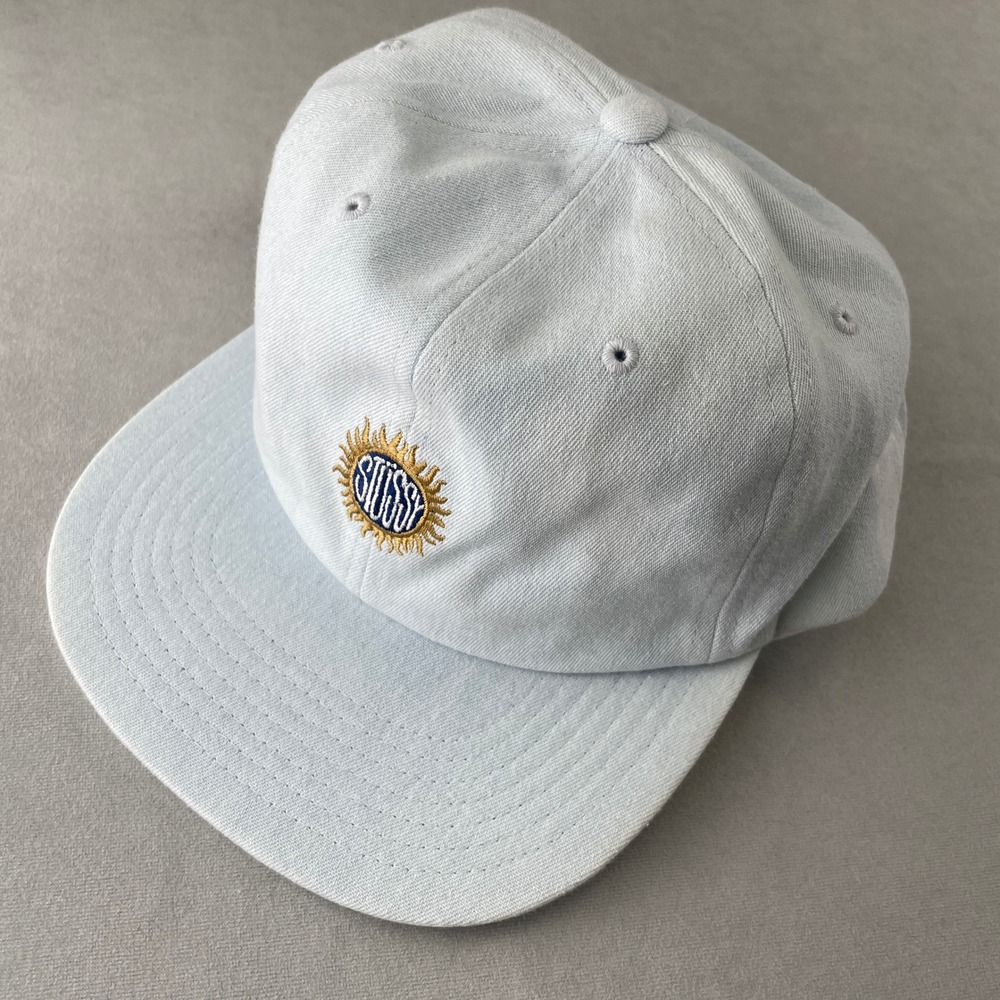 Stussy Sun Logo Snapback Hat Lt Blue Chambray Skate Surf 90s Retro OSFA Cotton